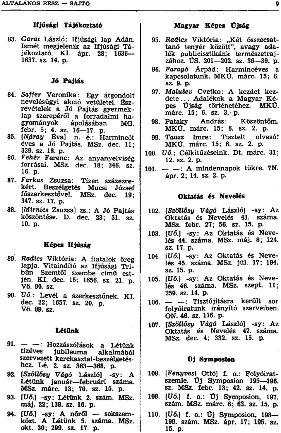 : Harmincöt éves a Jó Pajtás. MSz. dec. 11; 339. sz. 18. p. 86. Fehér Ferenc: Az anyanyelviség forrásai. MSz. dec. 18; 346. sz. 16. p. 87. Farkas Zsuzsa: Tízen százezrekért.