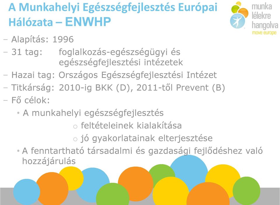 Intézet Titkárság: 2010-ig BKK (D), 2011-től Prevent (B) Fő célok: A munkahelyi egészségfejlesztés o