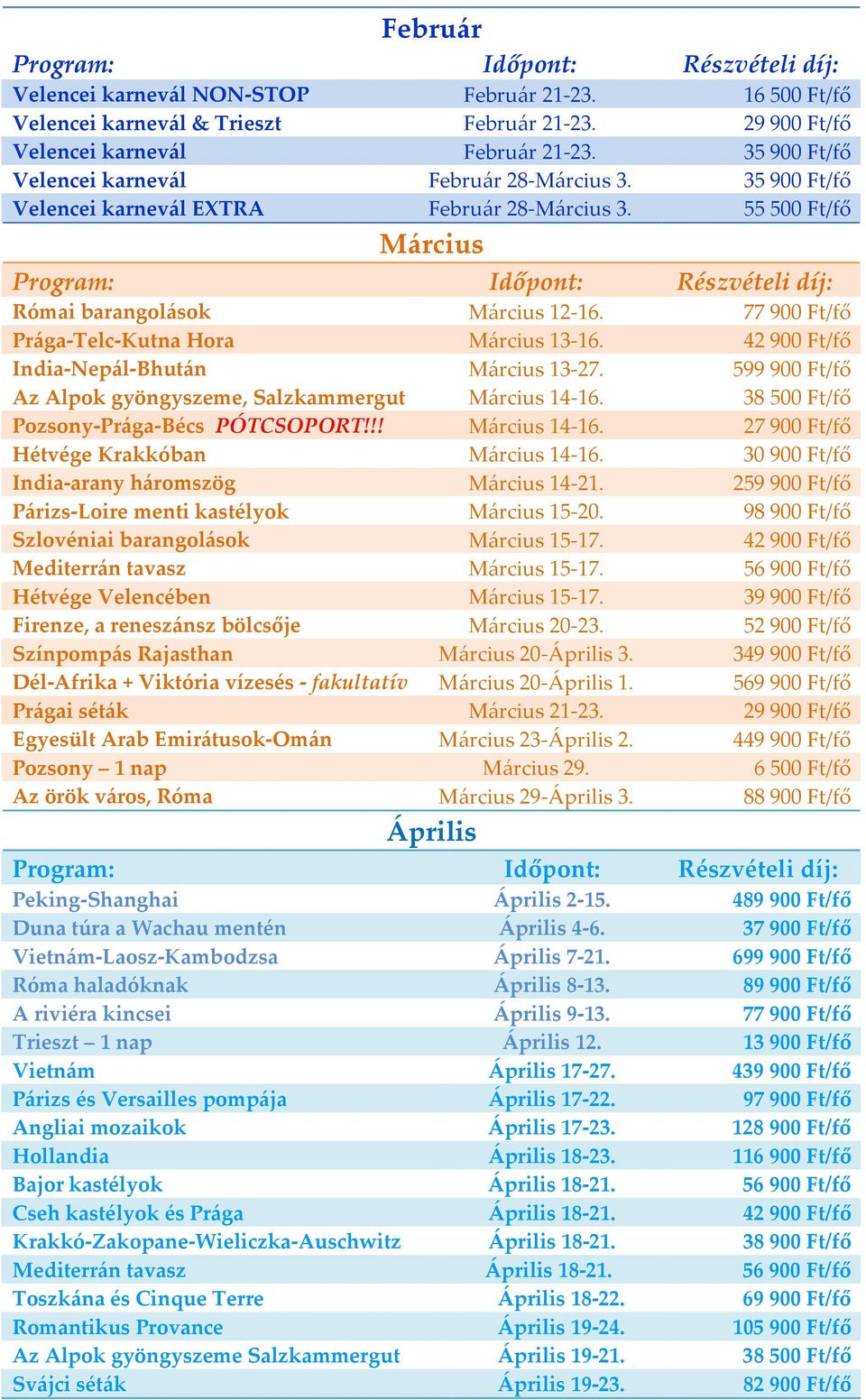 77900 Ft/fő Prága-Telc-Kutna Hora Március 13-16. 42900 Ft/fő India-Nepál-Bhután Március 13-27. 599900 Ft/fő Az Alpok gyöngyszeme, Salzkammergut Március 14-16.