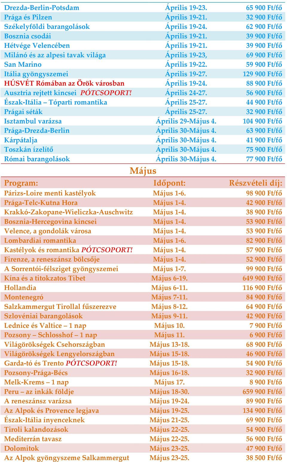 129900 Ft/fő HÚSVÉT Rómában az Örök városban Április 19-24. 88900 Ft/fő Ausztria rejtett kincsei PÓTCSOPORT! Április 24-27. 56900 Ft/fő Észak-Itália Tóparti romantika Április 25-27.