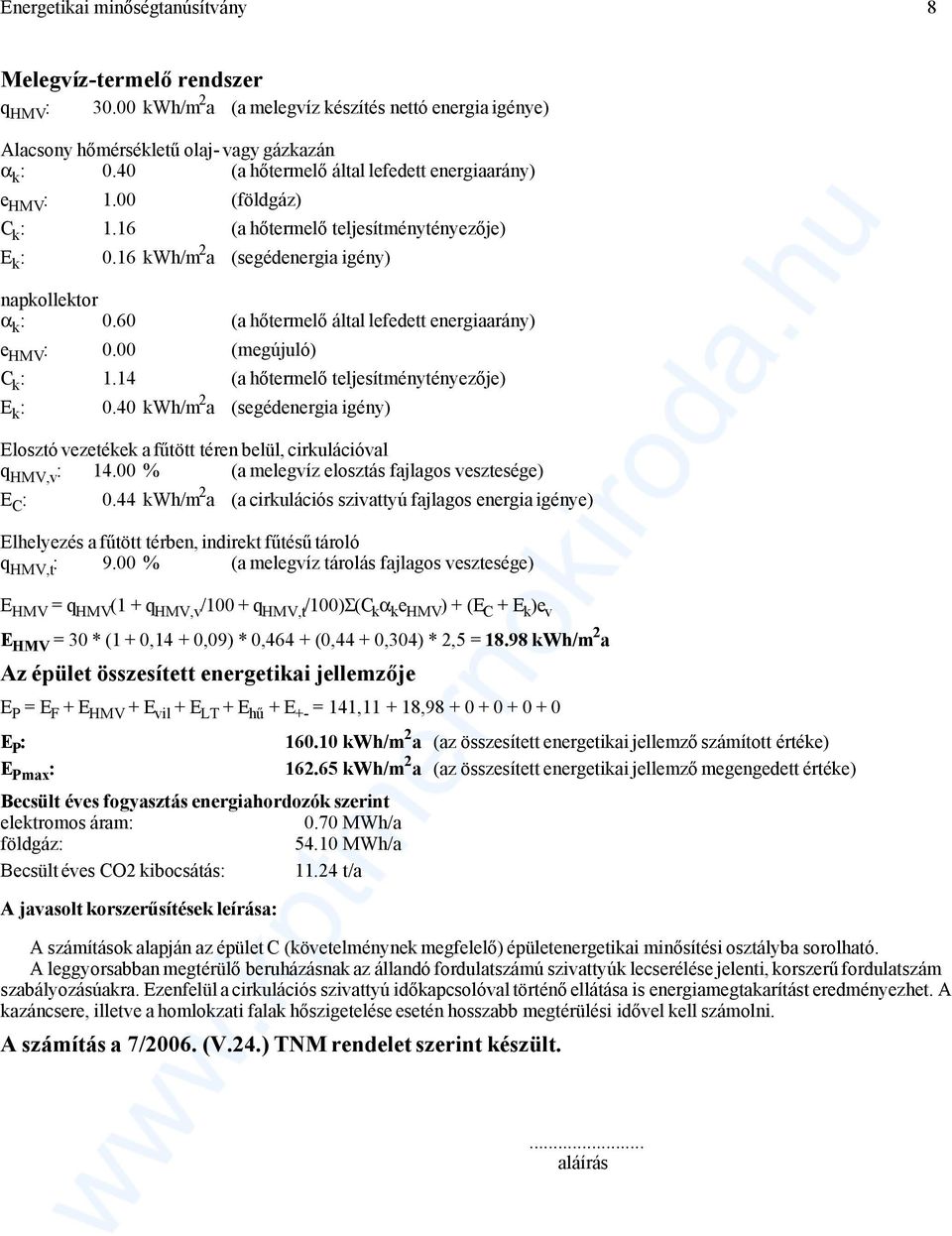 60 (a hőtermelő által lefedett energiaarány) e HMV : 0.00 (megújuló) C k : 1.14 (a hőtermelő teljesítménytényezője) E k : 0.