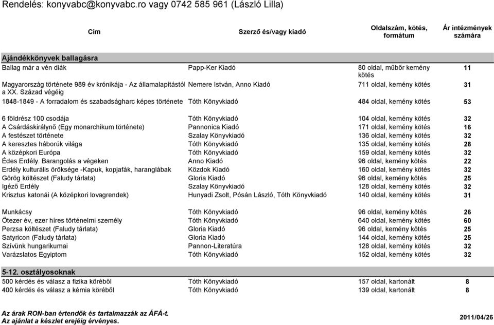 Század végéig 1848-1849 - A forradalom és szabadságharc képes története Tóth Könyvkiadó 484 oldal, kemény kötés 53 6 földrész 100 csodája Tóth Könyvkiadó 104 oldal, kemény kötés 32 A Csárdáskirálynő