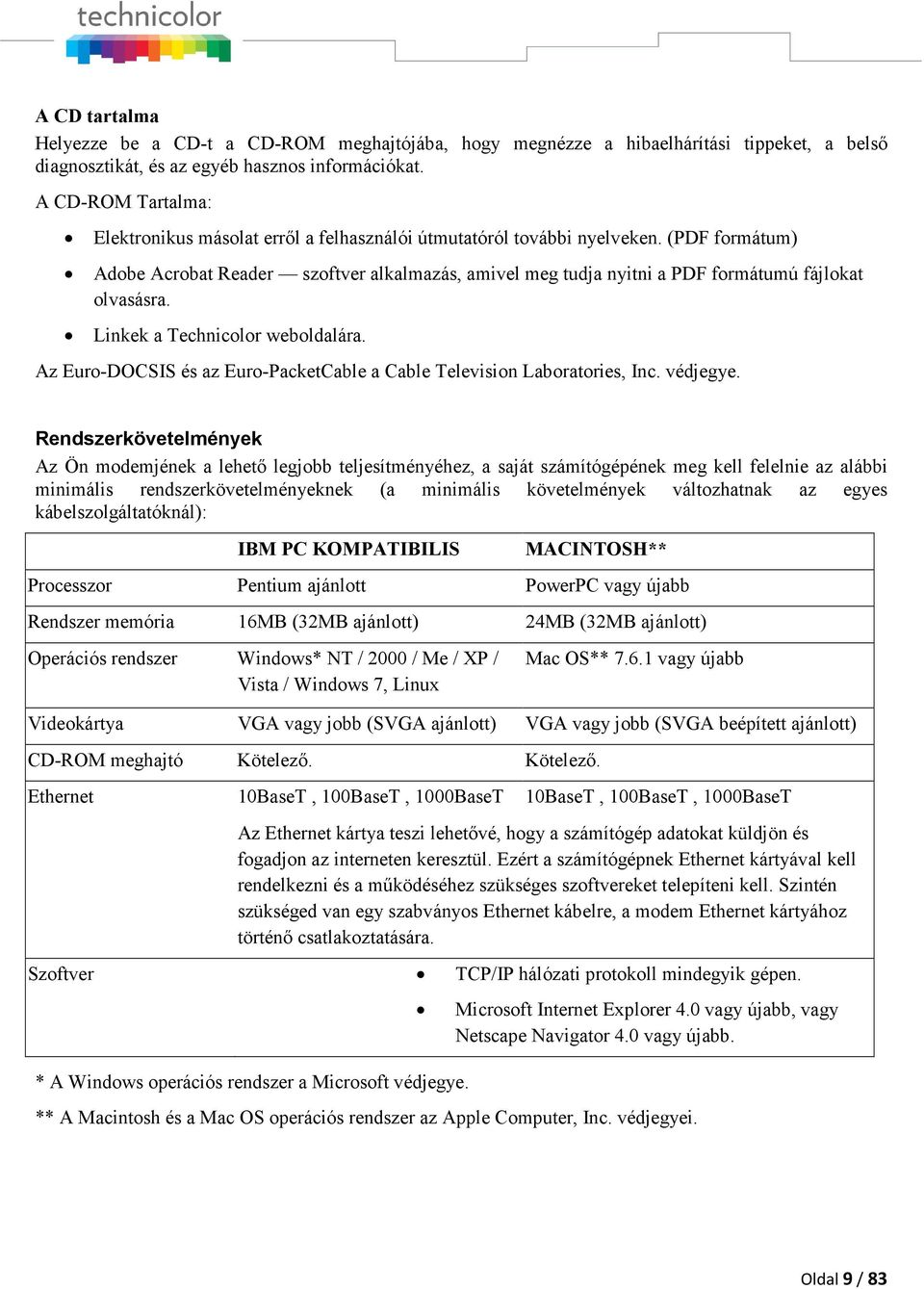 (PDF formátum) Adobe Acrobat Reader szoftver alkalmazás, amivel meg tudja nyitni a PDF formátumú fájlokat olvasásra. Linkek a Technicolor weboldalára.