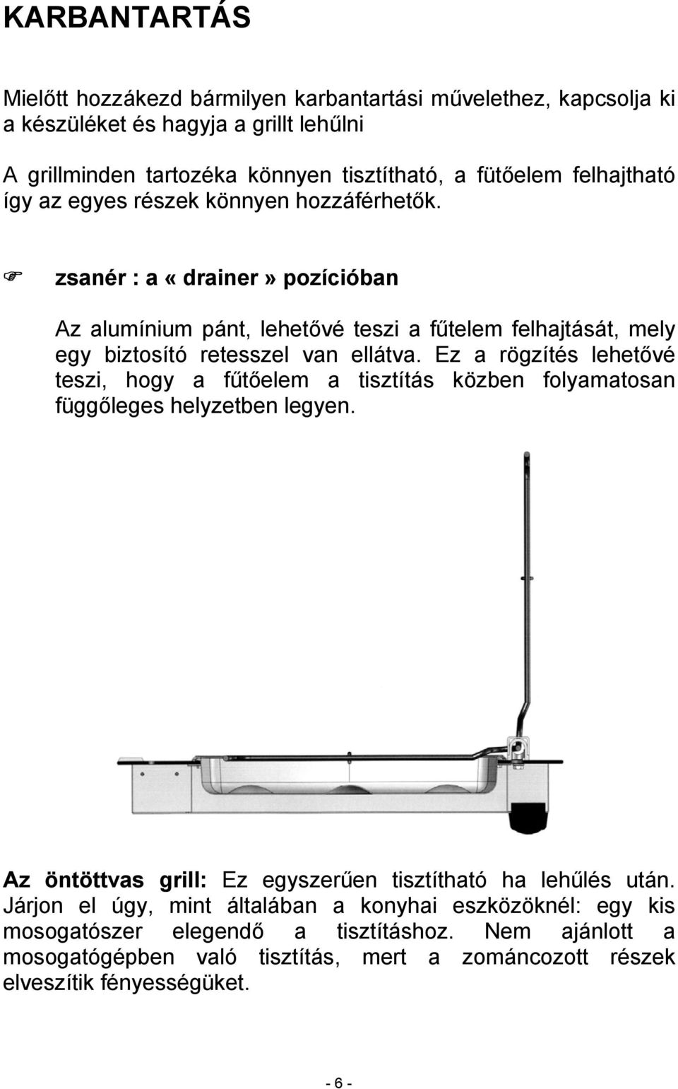 zsanér : a «drainer» pozícióban Az alumínium pánt, lehetővé teszi a fűtelem felhajtását, mely egy biztosító retesszel van ellátva.