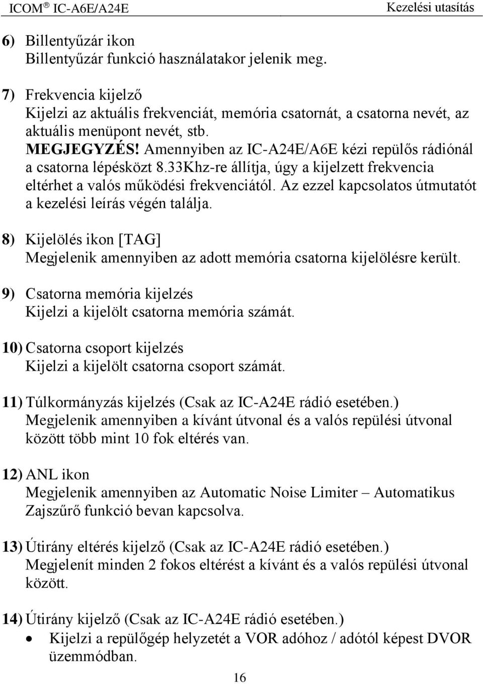 Az ezzel kapcsolatos útmutatót a kezelési leírás végén találja. 8) Kijelölés ikon [TAG] Megjelenik amennyiben az adott memória csatorna kijelölésre került.