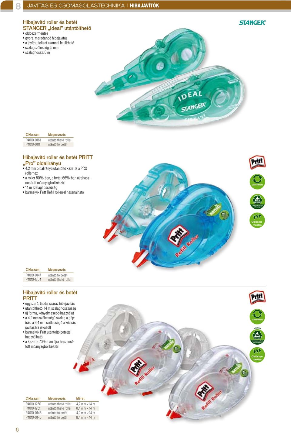műanyagból készül 14 m szalaghosszúság bármelyik Pritt Refill rollerrel használható Megnevezés P4010-0147 utántöltô betét P4010-1254 utántölthető roller Hibajavító roller és betét PRITT egyszerű,