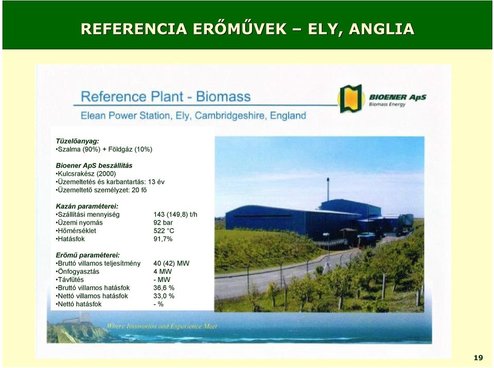 t/h Üzemi nyomás 92 bar Hőmérséklet 522 C Hatásfok 91,7% Erőmű paraméterei: Bruttó villamos teljesítmény 40 (42) MW