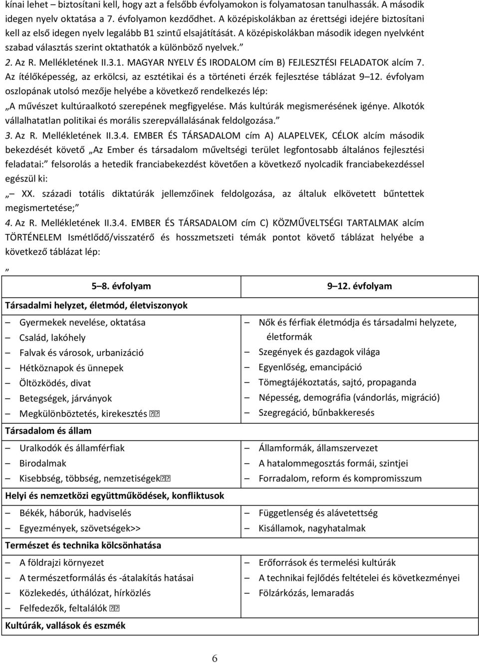 A középiskolákban második idegen nyelvként szabad választás szerint oktathatók a különböző nyelvek. 2. Az R. Mellékletének II.3.1. MAGYAR NYELV ÉS IRODALOM cím B) FEJLESZTÉSI FELADATOK alcím 7.