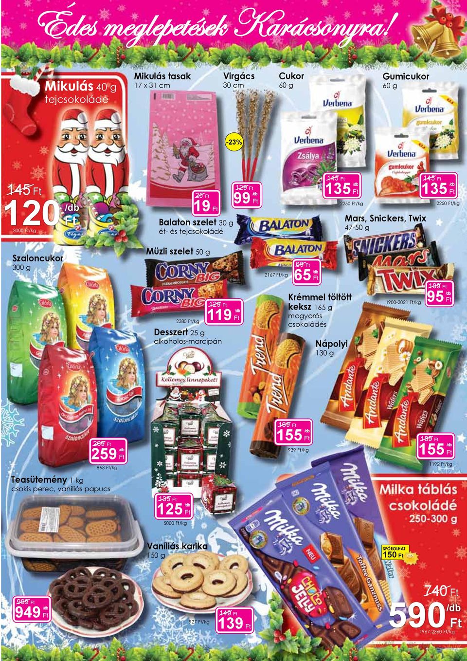 tejcsokoládé 129 99 145 135 Mars, Snickers, Twix 47-50 g 145 135 2250 /kg 2250 /kg Szaloncukor 300 g Müzli szelet 50 g 2380 /kg Desszert 25 g