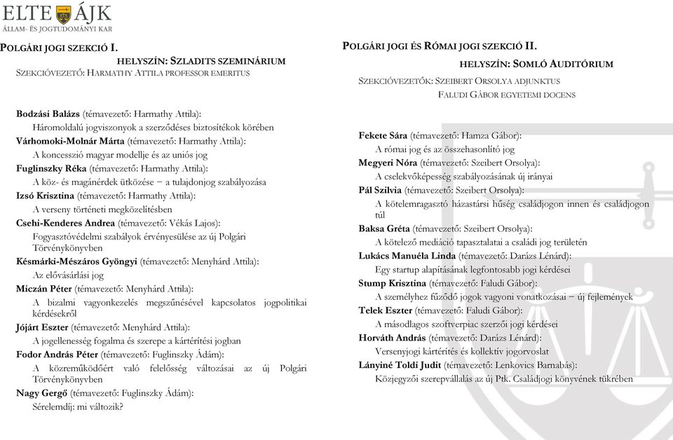 Várhomoki-Molnár Márta (témavezető: Harmathy Attila): A koncesszió magyar modellje és az uniós jog Fuglinszky Réka (témavezető: Harmathy Attila): A köz- és magánérdek ütközése a tulajdonjog