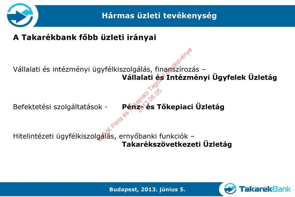 Ügyfelek Üzletág Befektetési szolgáltatások - Pénz- és Tőkepiaci Üzletág