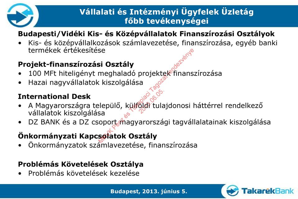 nagyvállalatok kiszolgálása International Desk A Magyarországra települő, külföldi tulajdonosi háttérrel rendelkező vállalatok kiszolgálása DZ BANK és a DZ csoport