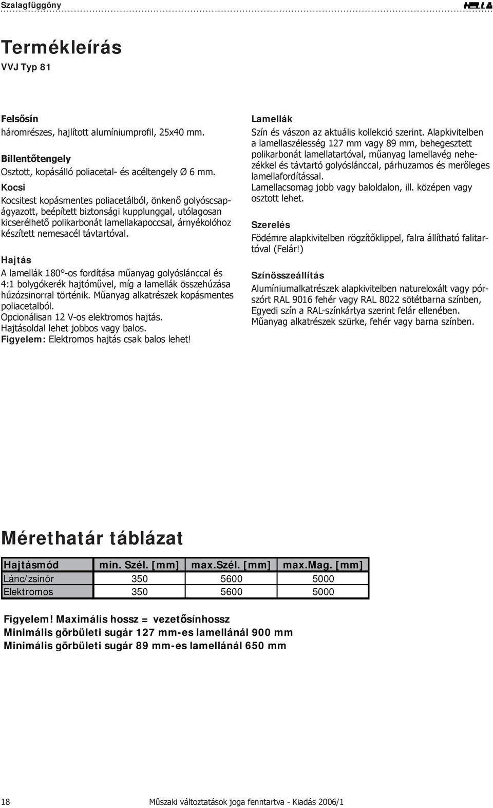 távtartóval. Hajtás A lamellák 180 -os fordítása műanyag golyóslánccal és 4:1 bolygókerék hajtóművel, míg a lamellák összehúzása húzózsinorral történik. Műanyag alkatrészek kopásmentes poliacetalból.