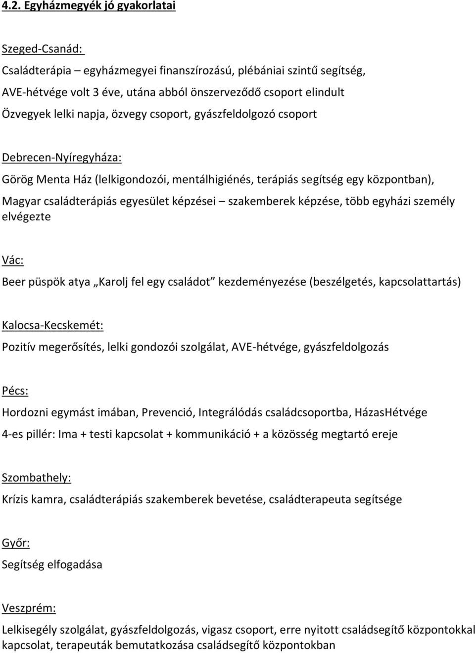 szakemberek képzése, több egyházi személy elvégezte Vác: Beer püspök atya Karolj fel egy családot kezdeményezése (beszélgetés, kapcsolattartás) Kalocsa-Kecskemét: Pozitív megerősítés, lelki gondozói