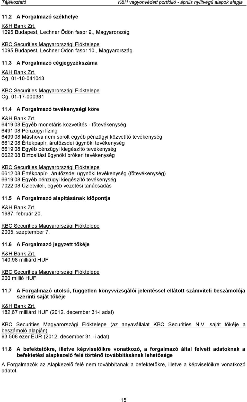 01-10-041043 KBC Securities Magyarországi Fióktelepe Cg. 01-17-000381 11.4 A Forgalmazó tevékenységi köre K&H Bank Zrt.
