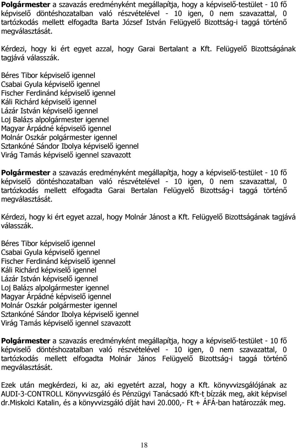 Béres Tibor képviselő igennel Csabai Gyula képviselő igennel Fischer Ferdinánd képviselő igennel Káli Richárd képviselő igennel Lázár István képviselő igennel Loj Balázs alpolgármester igennel Magyar