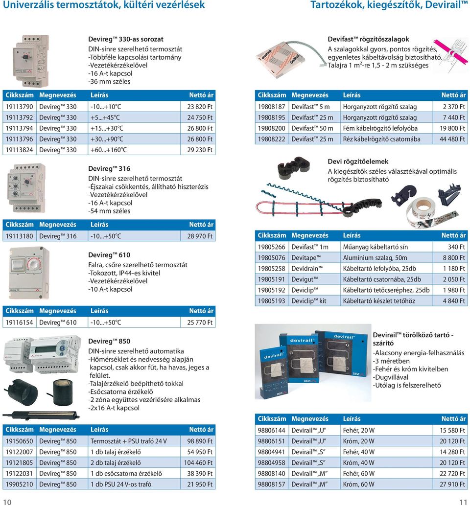 ..+160 C 29 230 Ft Devireg DIN-sínre szerelhető termosztát -Éjszakai csökkentés, állítható hiszterézis -Vezetékérzékelővel -54 mm széles 19113180 Devireg -10.