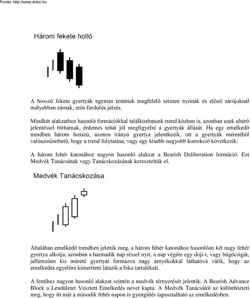 Ha egy emelkedő trendben három hosszú, azonos irányú gyertya jelentkezik, ott a gyertyák méretéből valószínűsíthető, hogy a trend folytatása, vagy egy kisebb-nagyobb korrekció következik.