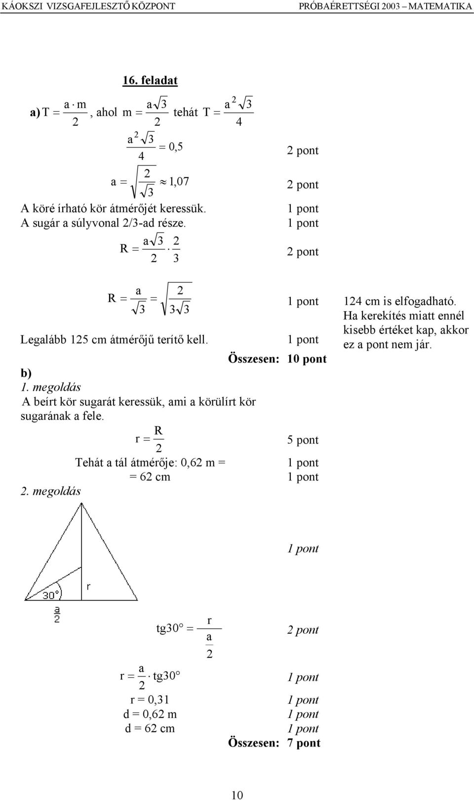 A sugár a súlyvonal /-ad része. a R = pont a R = = Legalább 1 cm átmérőjű terítő kell. Összesen: pont 1.