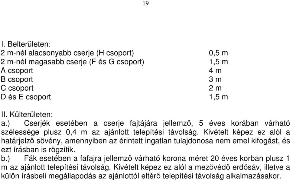 Kivételt képez ez alól a határjelző sövény, amennyiben az érintett ingatlan tulajdonosa nem emel kifogást, és ezt írásban is rögzítik. b.