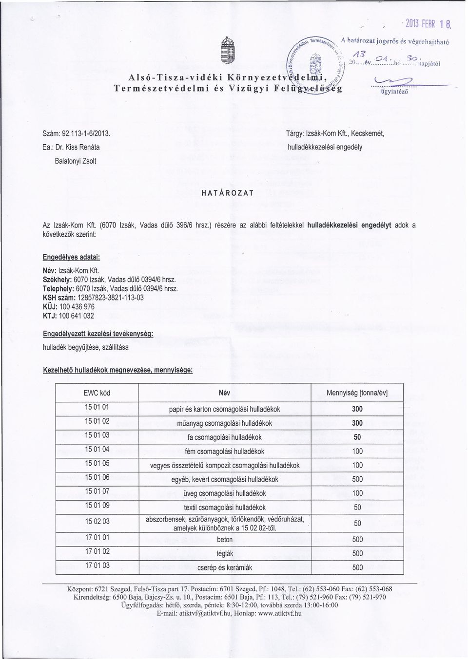 Székhely: 6070 Izsák, Vadas dűlő 0394/6 hrsz. Telephely: 6070 Izsák, Vadas dűlő 0394/6 hrsz.