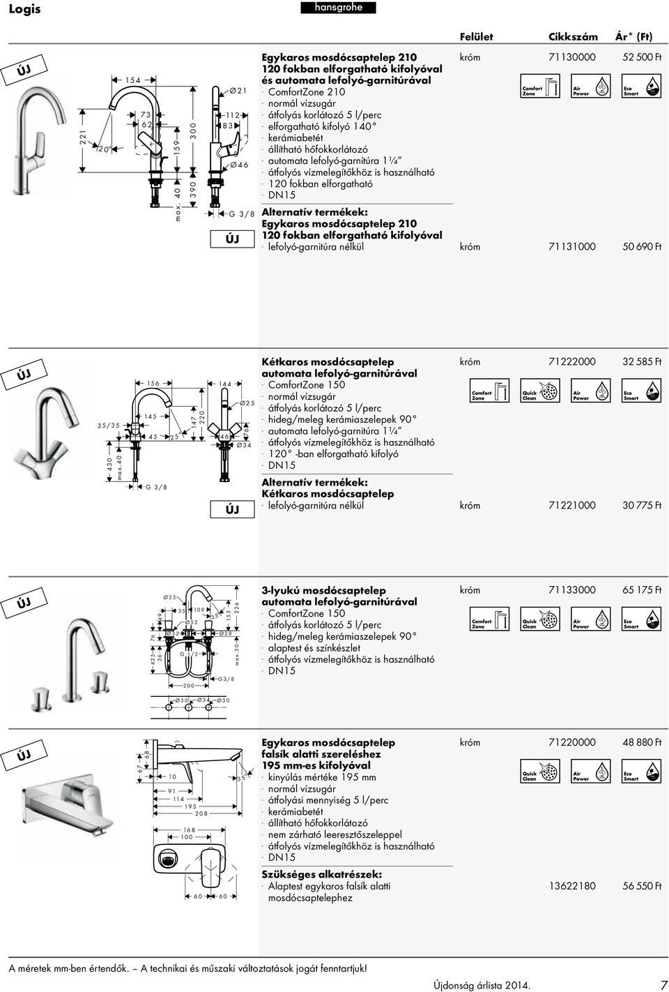 40 156 145 45 G 3/8 2 5 1 220 14 4 46 Ø25 Ø34 Kétkaros mosdócsaptelep króm 71222000 ComfortZone 150 átfolyás korlátozó 5 l/perc hideg/meleg kerámiaszelepek 90 120 -ban elforgatható kifolyó Kétkaros