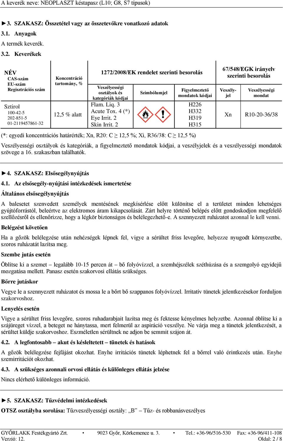 és kategóriák kódjai Flam. Liq. 3 Acute Tox. 4 (*) Eye Irrit. 2 Skin Irrit.