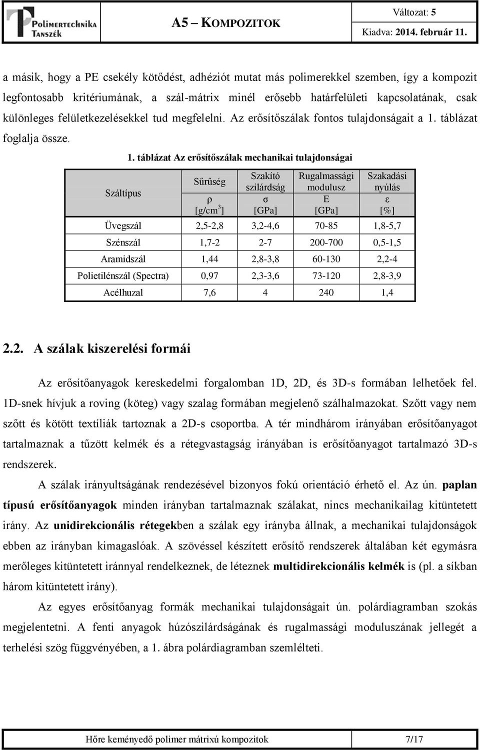 táblázat Az erősítőszálak mechanikai tulajdonságai Sűrűség ρ [g/cm 3 ] Szakító szilárdság σ [GPa] Rugalmassági modulusz E [GPa] Szakadási nyúlás ε [%] Üvegszál 2,5-2,8 3,2-4,6 70-85 1,8-5,7 Szénszál