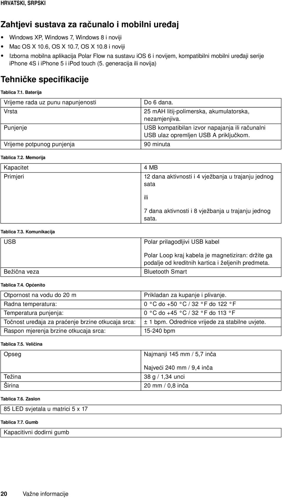 generacija ili novija) Tehničke specifikacije Tablica 7.1. Baterija Vrijeme rada uz punu napunjenosti Do 6 dana. Vrsta 25 mah litij-polimerska, akumulatorska, nezamjenjiva.