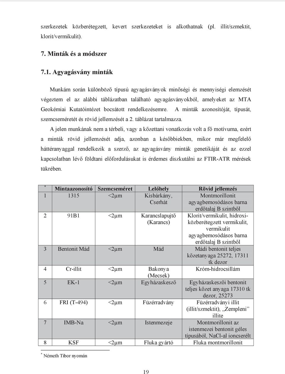 bocsátott rendelkezésemre. A minták azonosítóját, típusát, szemcseméretét és rövid jellemzését a 2. táblázat tartalmazza.