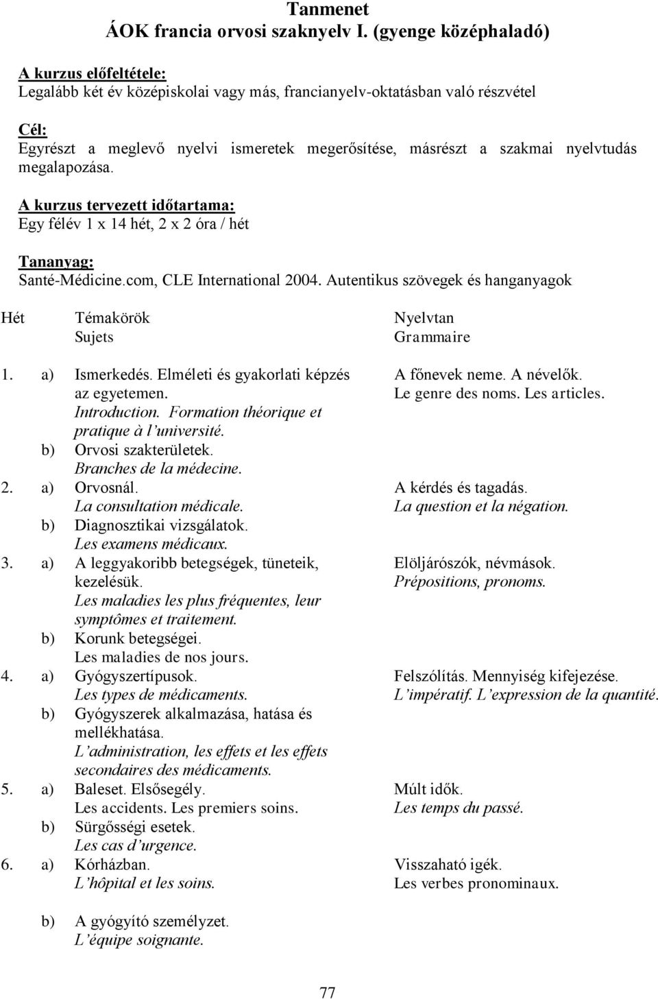 nyelvtudás megalapozása. A kurzus tervezett időtartama: Egy félév 1 x 14 hét, 2 x 2 óra / hét Tananyag: Santé-Médicine.com, CLE International 2004.