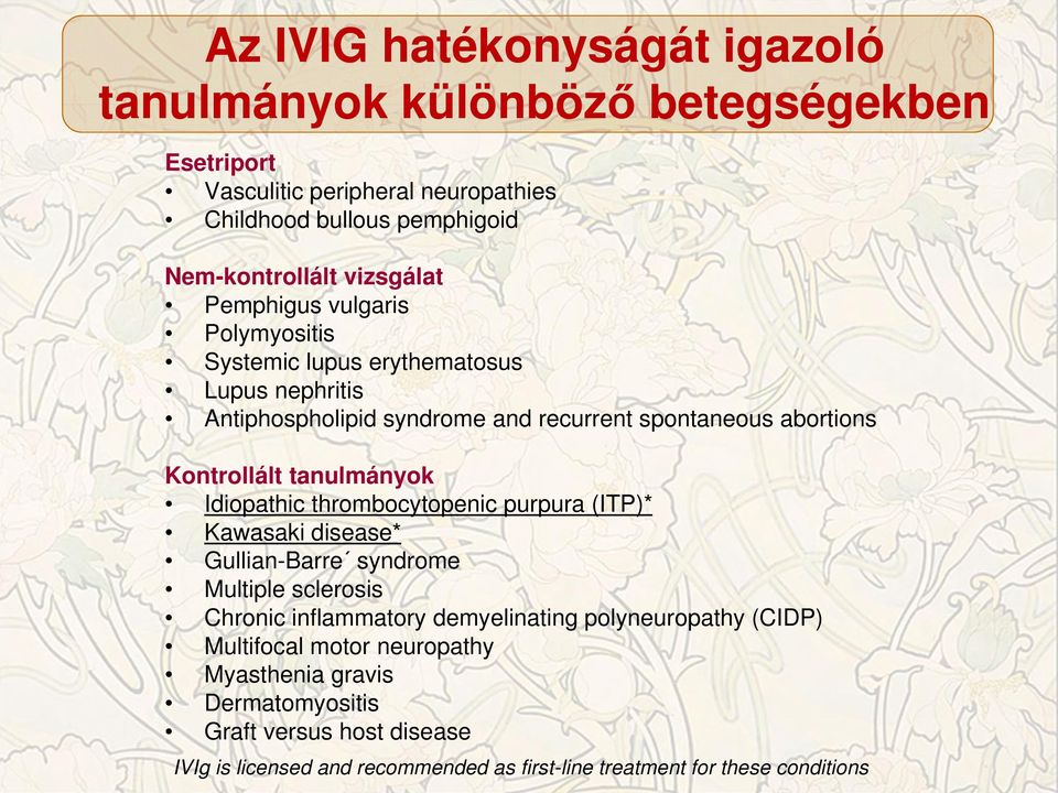 tanulmányok Idiopathic thrombocytopenic purpura (ITP)* Kawasaki disease* Gullian-Barre syndrome Multiple sclerosis Chronic inflammatory demyelinating