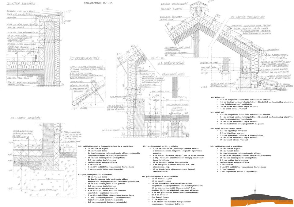 felületsimítás/ kellősítés - 30 cm SILKA mészhomok tégla falazat - 15 cm Binderholz rétegragasztott fa panel R3- külső falszerkezet- naptér - 0,4 cm egyrétegű üvegezés - 2,5 m légréteg, naptér - 1,5