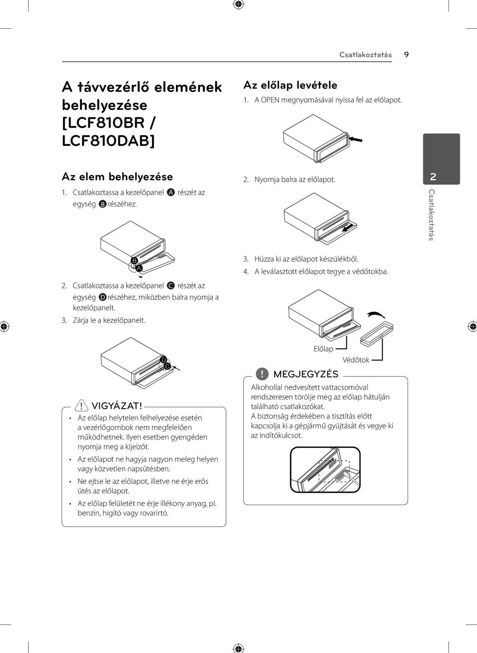 Csatlakoztassa a kezelőpanel C részét az egység D részéhez, miközben balra nyomja a kezelőpanelt.. Zárja le a kezelőpanelt.. Húzza ki az előlapot készülékből. 4.