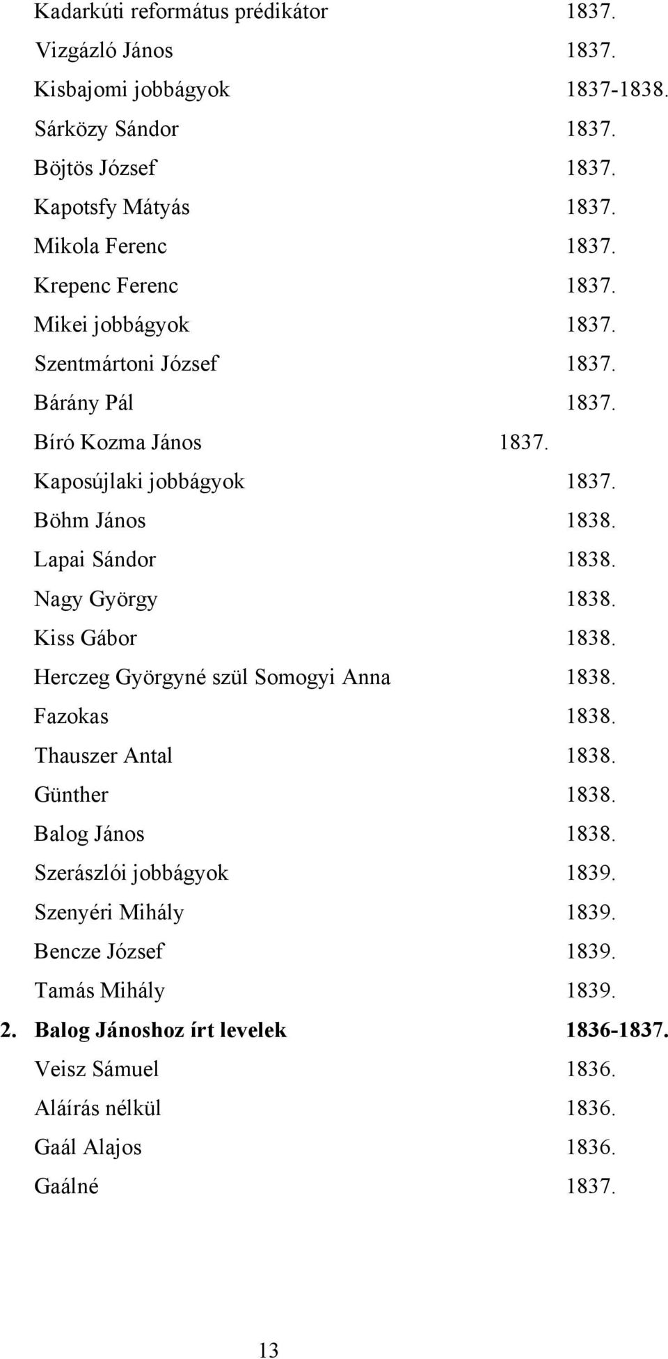 Nagy György 1838. Kiss Gábor 1838. Herczeg Györgyné szül Somogyi Anna 1838. Fazokas 1838. Thauszer Antal 1838. Günther 1838. Balog János 1838. Szerászlói jobbágyok 1839.
