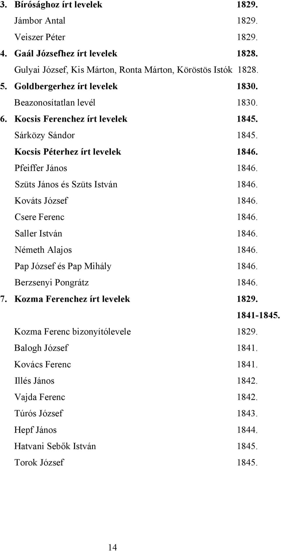 Szüts János és Szüts István 1846. Kováts József 1846. Csere Ferenc 1846. Saller István 1846. Németh Alajos 1846. Pap József és Pap Mihály 1846. Berzsenyi Pongrátz 1846. 7.