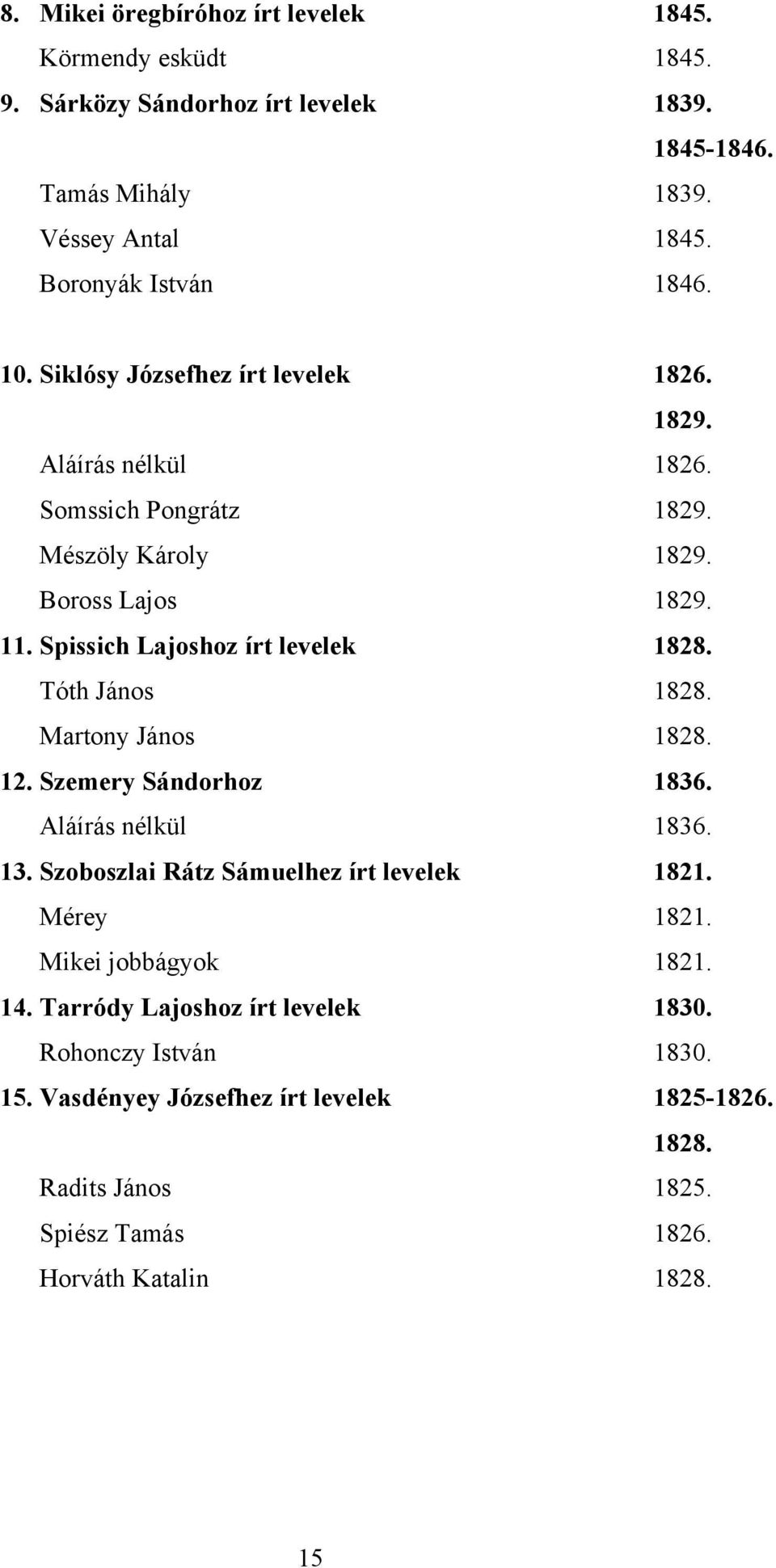 Tóth János 1828. Martony János 1828. 12. Szemery Sándorhoz 1836. Aláírás nélkül 1836. 13. Szoboszlai Rátz Sámuelhez írt levelek 1821. Mérey 1821. Mikei jobbágyok 1821. 14.