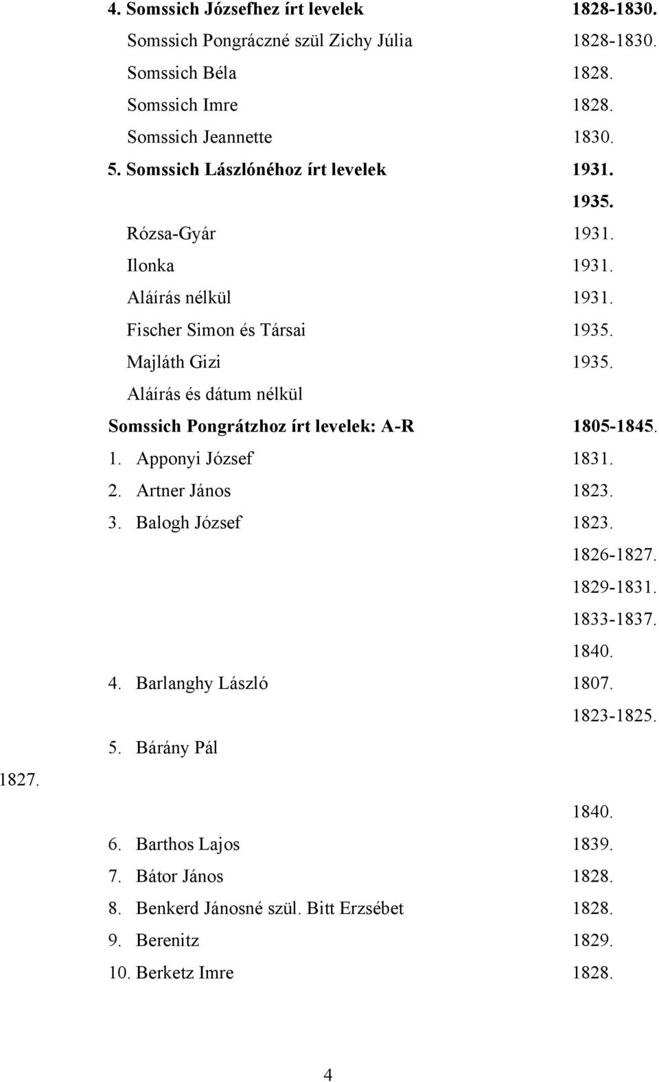 Aláírás és dátum nélkül Somssich Pongrátzhoz írt levelek: A-R 1805-1845. 1. Apponyi József 1831. 2. Artner János 1823. 3. Balogh József 1823. 1826-1827. 1829-1831.