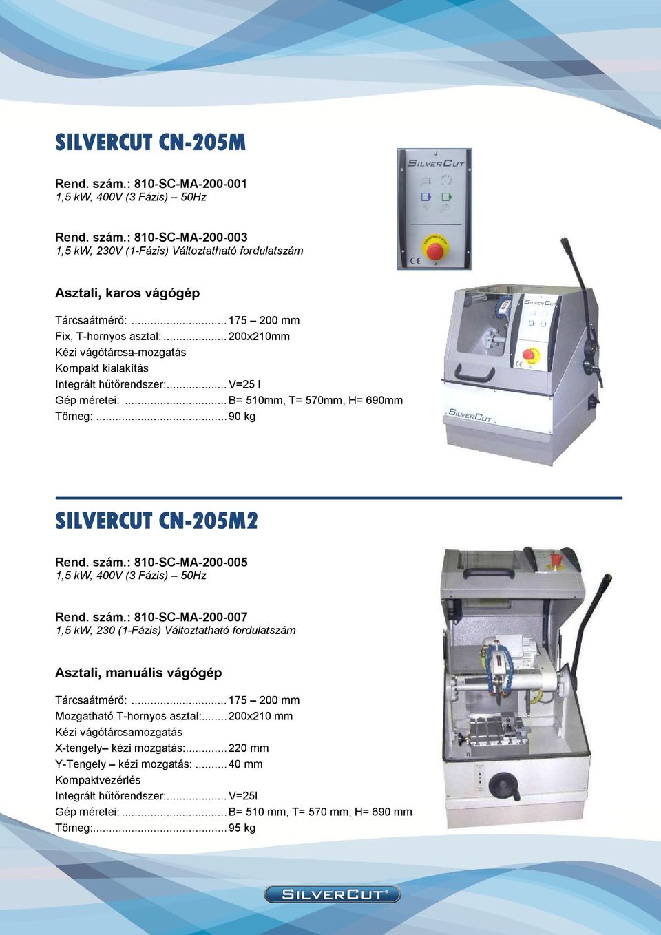 .. 90 kg SILVERCUT CN-205M2 Rend. szám.: 810-SC-MA-200-005 1,5 kw, 400V (3 Fázis) 50Hz Rend. szám.: 810-SC-MA-200-007 1,5 kw, 230 (1-Fázis) Változtatható fordulatszám Asztali, manuális vágógép Tárcsaátmérő:.