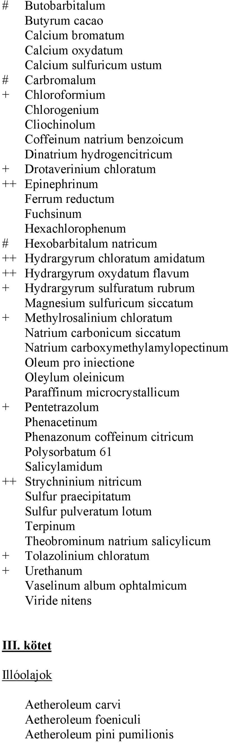 Hydrargyrum sulfuratum rubrum Magnesium sulfuricum siccatum + Methylrosalinium chloratum Natrium carbonicum siccatum Natrium carboxymethylamylopectinum Oleum pro iniectione Oleylum oleinicum