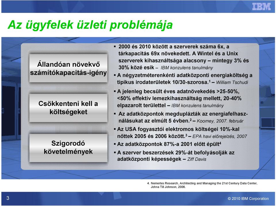 1 William Tschudi A jelenleg becsült éves adatnövekedés >25-50%, <50% effektív lemezkihasználtság mellett, 20-40% elpazarolt területtel IBM konzulens tanulmány Az adatközpontok megduplázták az