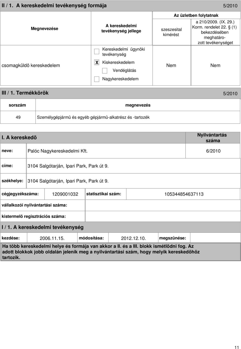 6/2010 címe: 3104 Salgótarján, Ipari Park, Park út 9. székhelye: 3104 Salgótarján, Ipari Park, Park út 9.