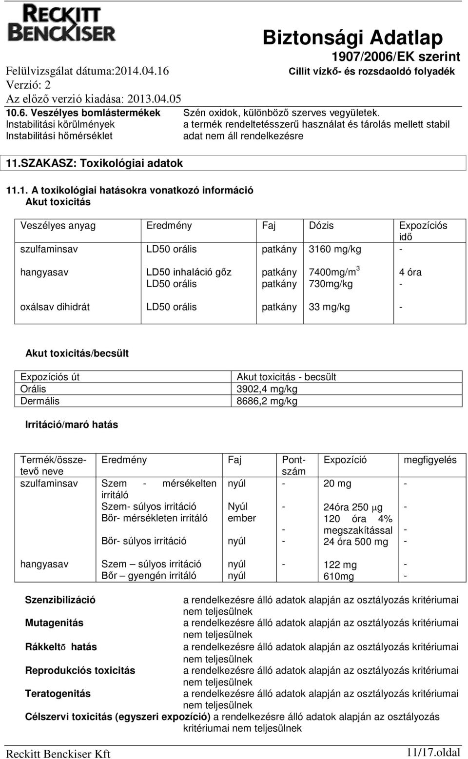 .SZAKASZ: Toxikológiai adatok 11