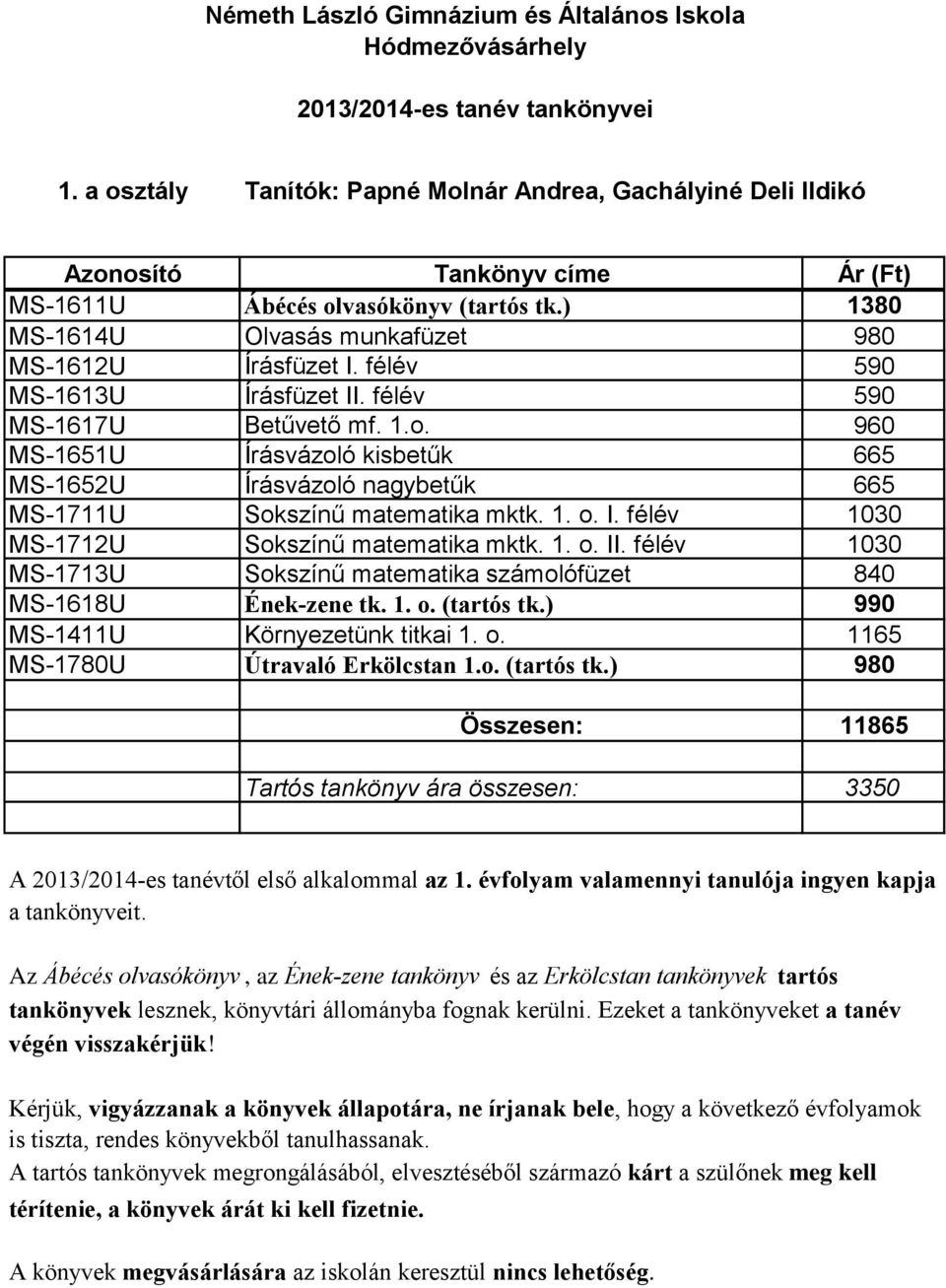 félév 1030 MS-1713U Sokszínű matematika számolófüzet 840 MS-1618U Ének-zene tk. 1. o. (tartós tk.) 990 MS-1411U Környezetünk titkai 1. o. 1165 MS-1780U Útravaló Erkölcstan 1.o. (tartós tk.) 980 Összesen: 11865 Tartós tankönyv ára összesen: 3350 A 2013/2014-es tanévtől első alkalommal az 1.