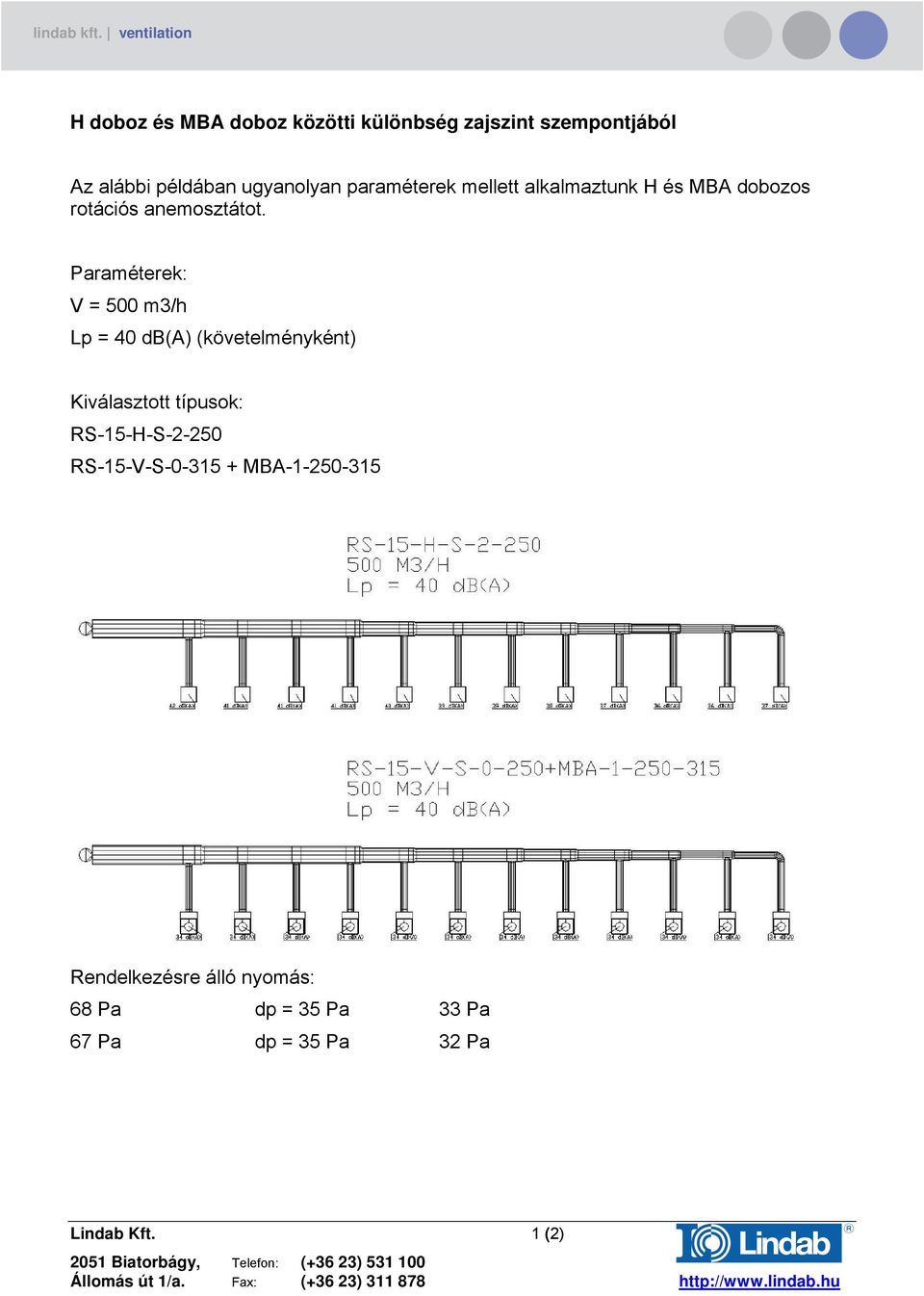 Paraméterek: V = 500 m3/h Lp = 40 db(a) (követelményként) Kiválasztott típusok: RS-15-H-S-2-250