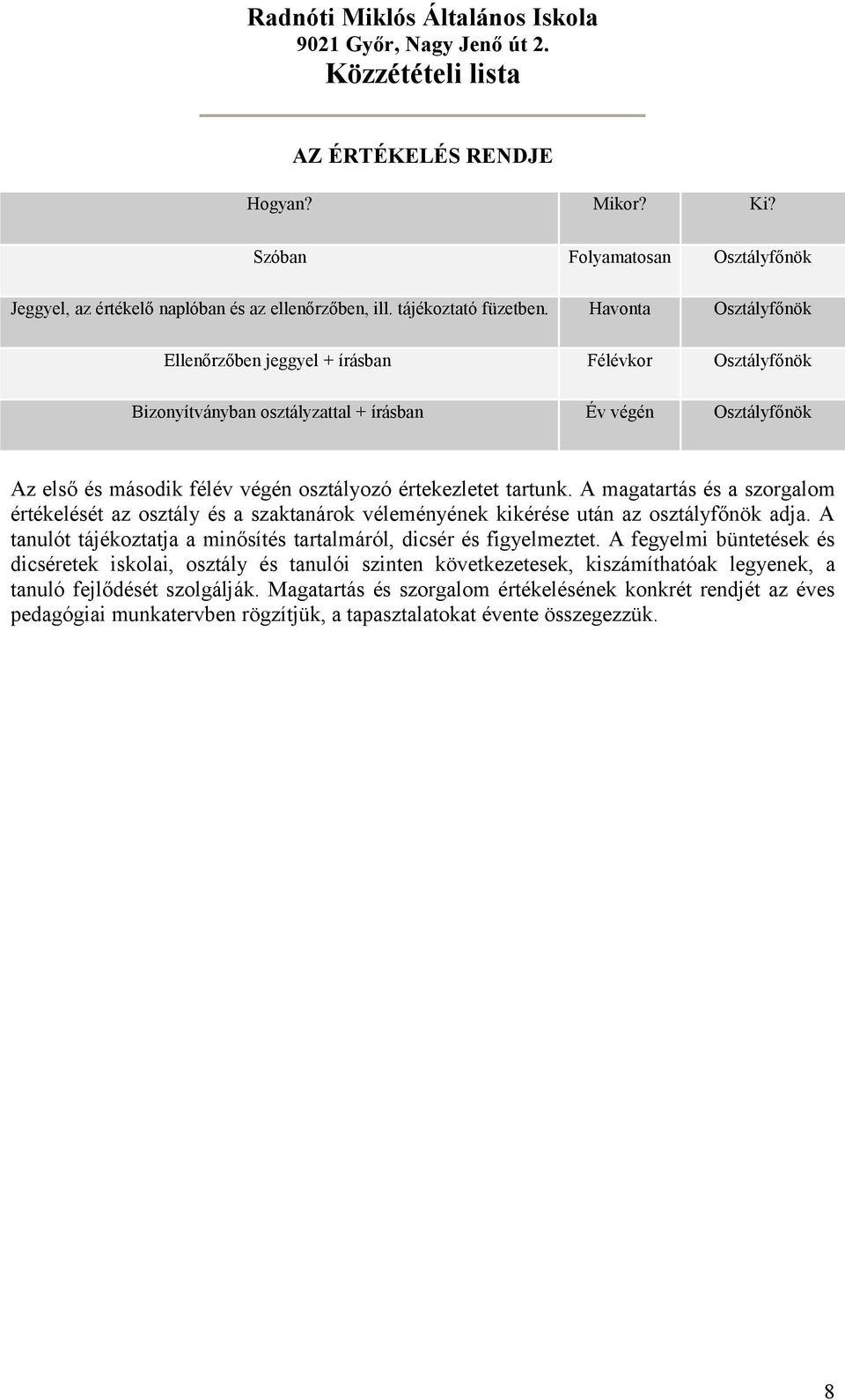 A magatartás és a szorgalom értékelését az osztály és a szaktanárok véleményének kikérése után az osztályfőnök adja. A tanulót tájékoztatja a minősítés tartalmáról, dicsér és figyelmeztet.