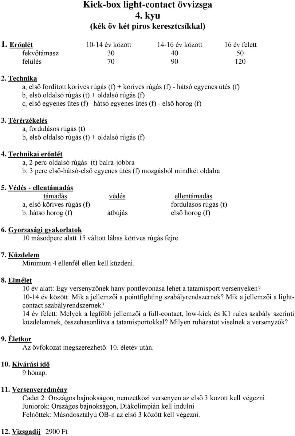 oldalsó rúgás (t) balra-jobbra b, 3 perc első-hátsó-első egyenes ütés (f) mozgásból mindkét oldalra a, első köríves rúgás (f) fordulásos rúgás (t) b, hátsó horog (f) átbújás első horog (f) 6.