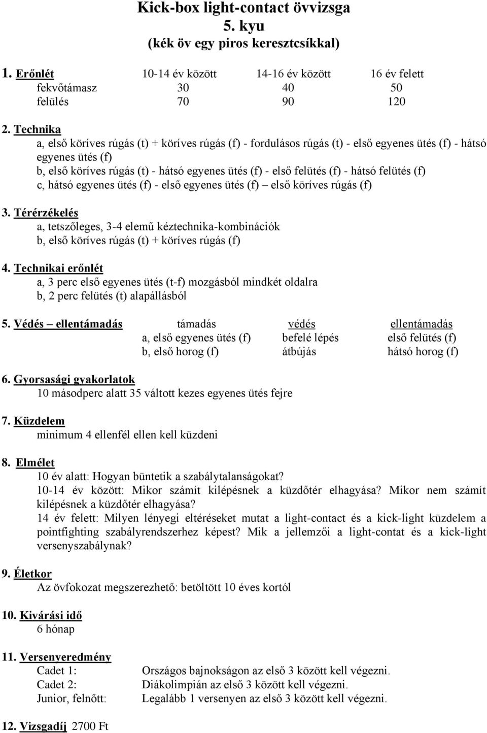 rúgás (f) a, tetszőleges, 3-4 elemű kéztechnika-kombinációk b, első köríves rúgás (t) + köríves rúgás (f) a, 3 perc első egyenes ütés (t-f) mozgásból mindkét oldalra b, 2 perc felütés (t)