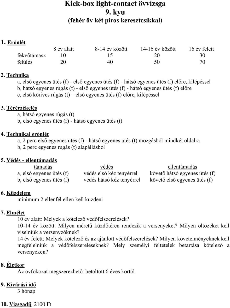 rúgás (t) b, első egyenes ütés (f) - hátsó egyenes ütés (t) a, 2 perc első egyenes ütés (f) - hátsó egyenes ütés (t) mozgásból mindkét oldalra b, 2 perc egyenes rúgás (t) alapállásból a, első egyenes