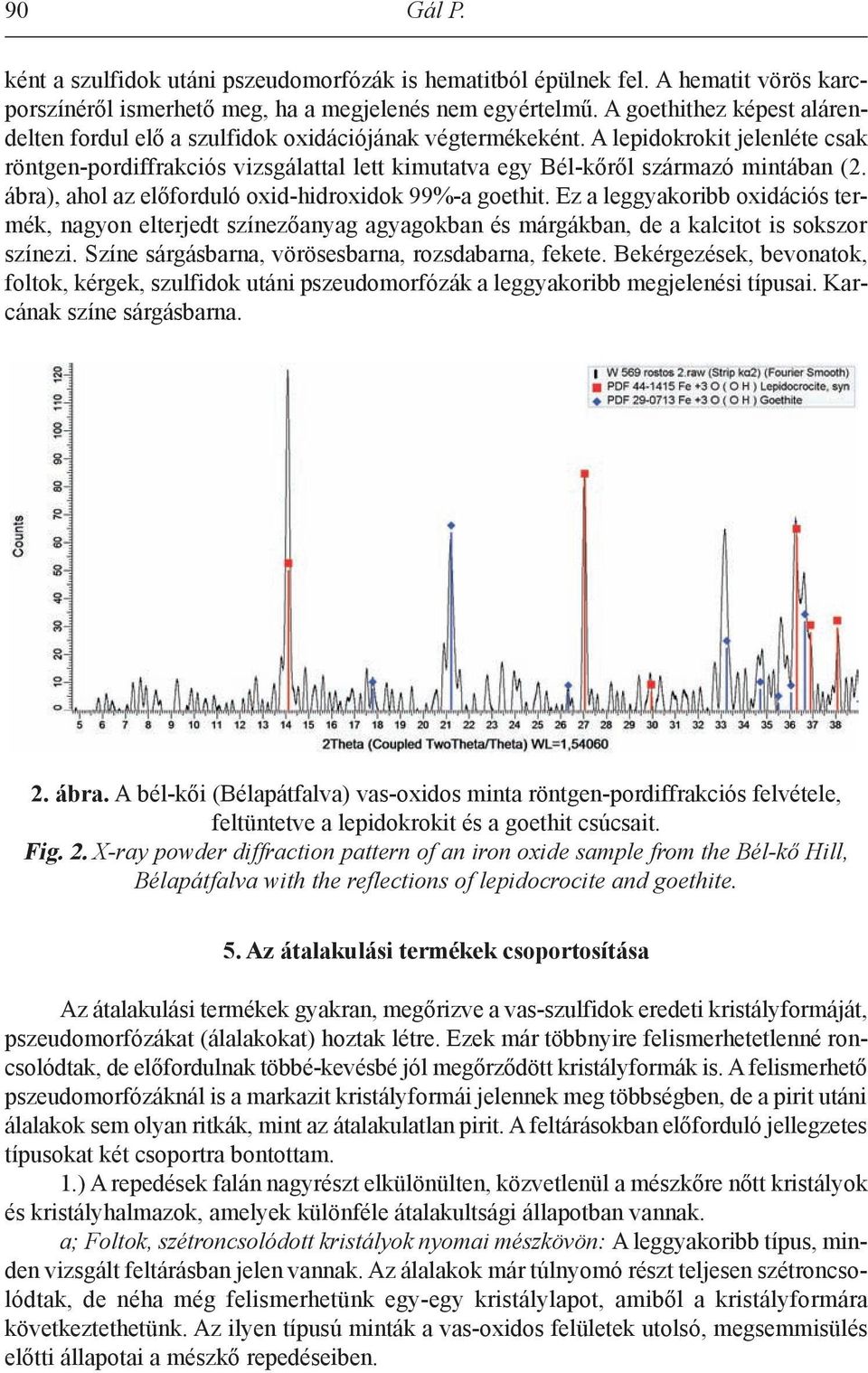 A lepidokrokit jelenléte csak röntgen-pordiffrakciós vizsgálattal lett kimutatva egy Bél-kőről származó mintában (2. ábra), ahol az előforduló oid-hidroidok 99%-a goethit.